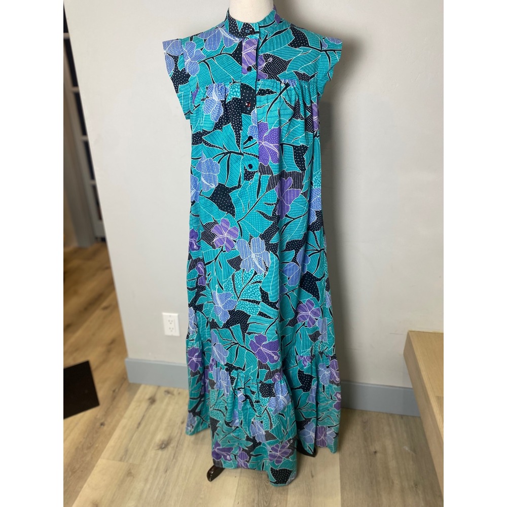 Vintage 70s/80's Hilo Hattie Hawaii Maxi Dress Muumuu Floral Cotton Turquoise M